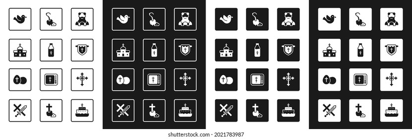 Set Priest, Holy water bottle, Church building, Dove, Flag with christian cross, Magic staff, Christian and Easter egg icon. Vector