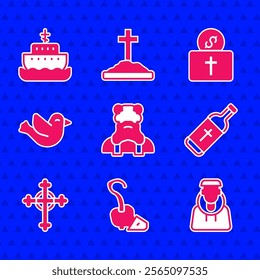 Set Priest, Magic staff, Monk, Holy water bottle, Christian cross, Dove, Donation for church and Ark of noah icon. Vector