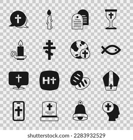 Set Priest, Pope hat, Christian fish symbol, Holy bible book, cross, Burning candle in candlestick,  and with globe icon. Vector