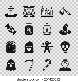 Set Priest, Skull, Witch hat, Burning candle, Eye jar, Candy, Tombstone with cross and Camping lantern icon. Vector