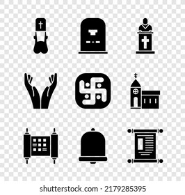 Set Priest, Tombstone with RIP written, Church pastor preaching, Decree, paper, parchment, scroll, bell, Hands praying position and Jainism icon. Vector