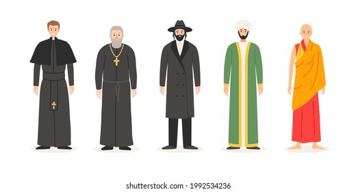 Set of priests of different religions. Christian priests, Catholic, Orthodox Judaist rabbi, Muslim mullah, Buddhist monk. Vector characters illustration in cartoon flat style isolated