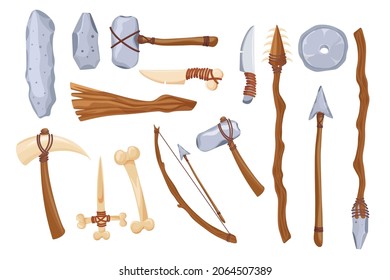 Set Primal Stone Age Tools and Weapon Isolated on White Background. Primitive Wheel, Wooden Bow with Arrow, Knife, Axe with Dagger, Spear or Bone Prehistoric People Items. Cartoon Vector Illustration