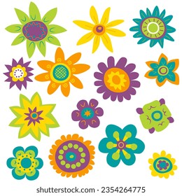 Conjunto de flores de color abstractas y primitivas sobre un fondo blanco