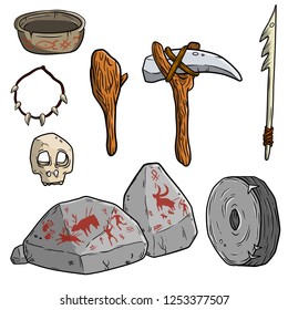 Set Of Primitive Cave Of Prehistoric Man. Wild Neanderthal Tool. Hand Drawn Stone Age. Stick Club, Stone With Red Painting, Skull, Necklace Of Bones And Teeth, Pottery, Harpoon, Wheel, Ax.