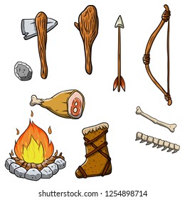 Set of primitive cave of prehistoric man. Wild Neanderthal Tool. Hand-drawn Stone age. Bonfire and bones, stick club, ax, bow and arrows, clothing made of skins. A piece of raw meat to eat.