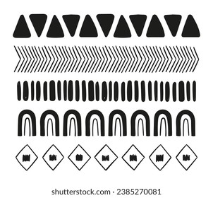 Set of primitive drawings. Triangles, lines, rainbow, rocks.