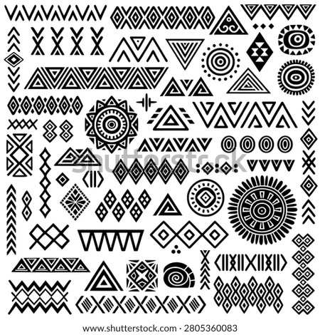 Set of primitive ethnic elements isolated on white background. Vector hand drawn geometric patterns in ethnic style.