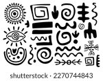 Set primitive ethnic ornaments, petroglyphs. Arrows, lines, spirals, circles. Patterns, drawings of ancient tribe, Stone Age. Design element for textiles, paper, fabrics, postcard. Vector illustration