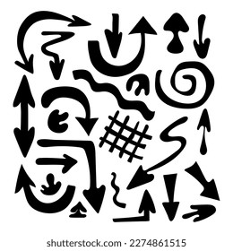 Set primitive ethnische Ornamente, Petroglyphen. Große Pfeile, Linien, Spiralen. Muster, Zeichnungen des alten Stammes, Steinzeit. Design-Element für Textilien, Papier, Stoffe, Postkarte. Vektorgrafik