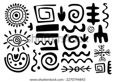 Set primitive ethnic ornaments, petroglyphs. Arrows, lines, spirals, circles. Patterns, drawings of ancient tribe, Stone Age. Design element for textiles, paper, fabrics, postcard. Vector illustration [[stock_photo]] © 