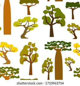 
set of primitive illustrations / icons of trees of the equatorial part of the planet, for creating backgrounds and patterns