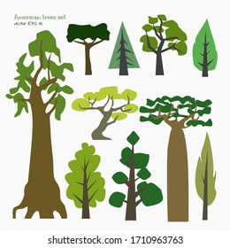
set of primitive illustrations / icons of trees of the equatorial part of the planet, for creating backgrounds and patterns