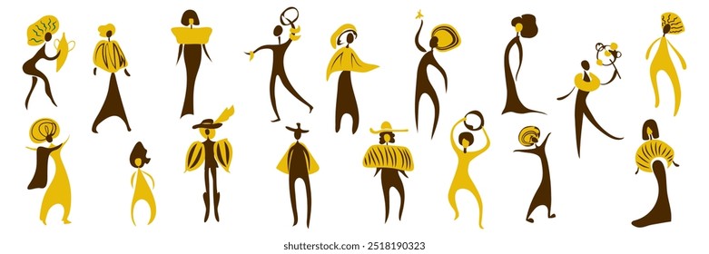 A set of primitive images of people from different historical eras, similar to cave paintings in brown and yellow colours 