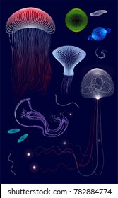 set of primitive organisms in dark deep water, jelly,unicellular