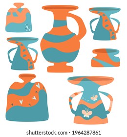 A set of primitive simple vases orange and turquoise. authentic design. vector. minimalism, primitivism