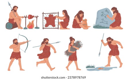 Conjunto de personas de edad de piedra primitiva, ilustración vectorial plana aislada en fondo blanco. Caracteres prehistóricos cazando, cocinando comida en llamas y dibujando en las paredes de las cuevas. Caveman y cavewoman.
