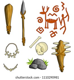 a set of primitive tools Neanderthal cave man.  a club, a stone spear, bones, a skull, rock paintings, a necklace of bones, backgroud with green grass. survival weapon
