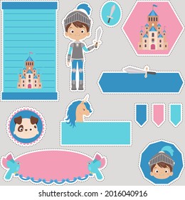 Set of prince, castle, puppy, and unicorn stickers. Collection of cute cartoon labels. Vector art