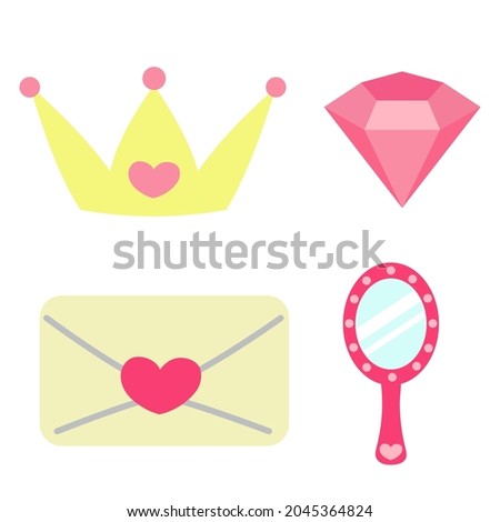Set of princess accessories. Crown, love letter, diamond and mirrow. Pink and yellow colors. Fairy tale elements. Prints for stickers, baby shower, nursery decor, clothes, children books, textile