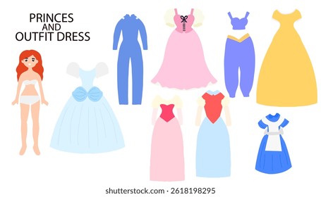 Set princess accessories. set of stickers, decorative elements . Princess dress different style