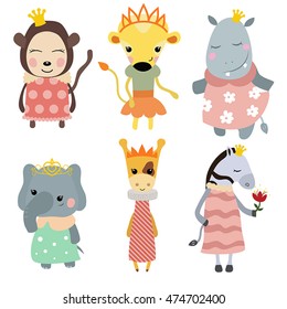 Set of Princess animals. Collection of animals dressed as princess.