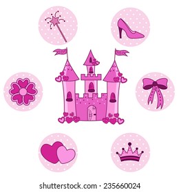 Set for a princess with a castle on a white background