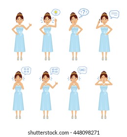 Set of princess characters posing in different situations. Cheerful woman pointing up, talking on phone, thinking, laughing, surprised, crying. Flat style vector illustration