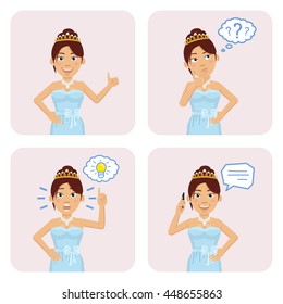 Set of princess characters posing in different situations. Cheerful princess showing thumb up gesture, pointing up, thinking, talking on the phone. Flat style vector illustration