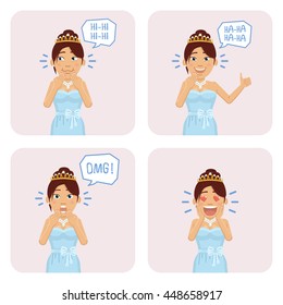 Set of princess characters posing in different situations. Cheerful princess showing thumb up gesture, laughing, surprised, in love. Flat style vector illustration