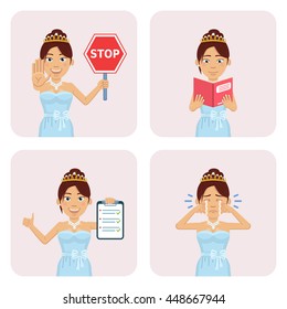 Set of princess characters posing in different situations. Cheerful princess holding stop sign, clipboard, reading a book, crying. Flat style vector illustration