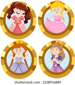 conjunto de princesas en una ilustración de moneda