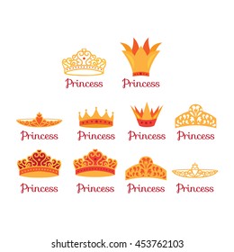 Set Princess Crown. Vector illustration diadem princess isolated on white background.