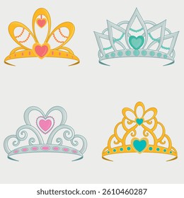 Set of princess crowns isolated on white background
