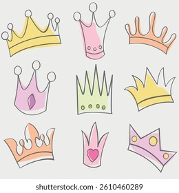 Set of princess crowns isolated on white background
