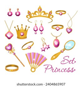 Set princess decoration accessories. Isolate on a white background. Hand drawing. Vector illustration.