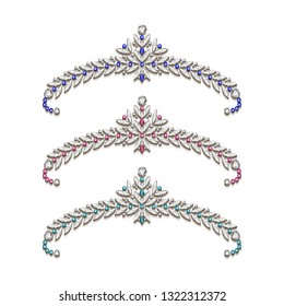 Set of princess diadems with diamonds and precious gems, vector jewellery tiaras, elegant women's jewelry decoration on white