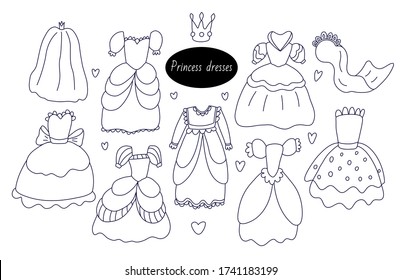 Juego de vestidos de princesa para chicas en estilo doodle. Mangas largas y de linterna, faldas largas decoradas con grandes arcos de cinta. Ilustración vectorial dibujada a mano en tinta negra aislada en fondo blanco.