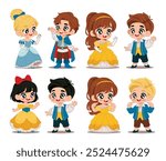 Set with princess girls and prince boys. Vector illustration of a princess in a colorful dress. Vector illustration