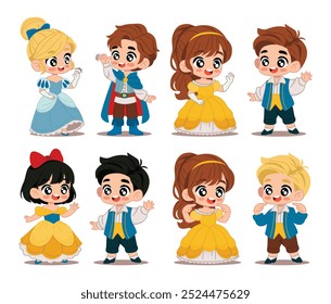 Set with princess girls and prince boys. Vector illustration of a princess in a colorful dress. Vector illustration