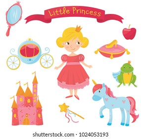 Set of princess items. Girl in dress, handle mirror, carriage, apple, frog prince, shoe on pillow, castle, magic wand, unicorn. Colorful flat vector design