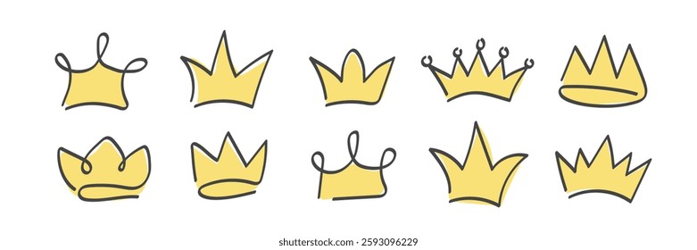 Set of Princess or King Crown. Hand drawn royal symbols of power and authority elements. Sketch Vector illustration on white background