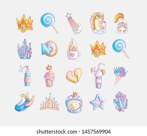 Set of princess and little girls cute fashion icon. Lovely vector set of hand drawn princess elements - cocktails for little princess, donuts, sweets, lollipop, ice cream and falling star. Cute colored