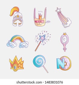 Set of princess and little girls cute fashion icon. Lovely vector set of hand drawn princess elements - mirror for little princess, crown, sweets, rainbow and falling star. Cute colored icon for