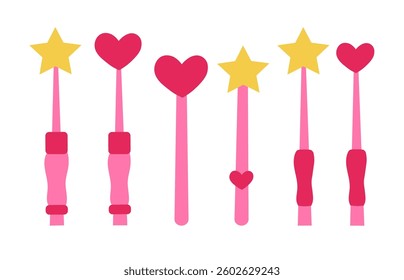 Set of Princess Magic Wands. Pink elements. Vector flat illustration.