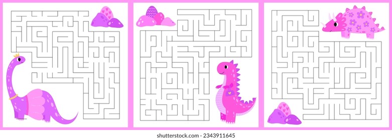 Set princess maze game for kids. Cute pink dinosaur looking for a way to the dinosaur egg. Printable worksheet with solution for school and preschool. Vector cartoon illustration.