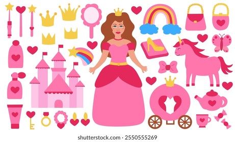 Set of Princess pink elements. Girl in beautiful dress. Vector flat illustration.