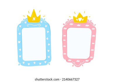 Satz von Prinzessin und Prinzenrahmen auf Babyrosa, Blau mit goldenen Kronen im Cartoon-Stil, verschiedene Formen.Fantasy-Elemente für Baby-Duschparty im Cartoon-Stil.Vektorflache Illustration