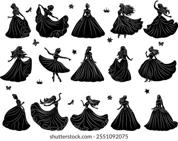 set prinzessin, königin, mädchen im ballkleid kollektion silhouette vektor