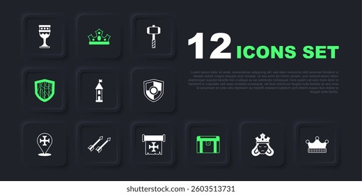 Set Princess or queen, King crown, Castle tower, Antique treasure chest, Shield, Medieval arrows,  and Crusade icon. Vector